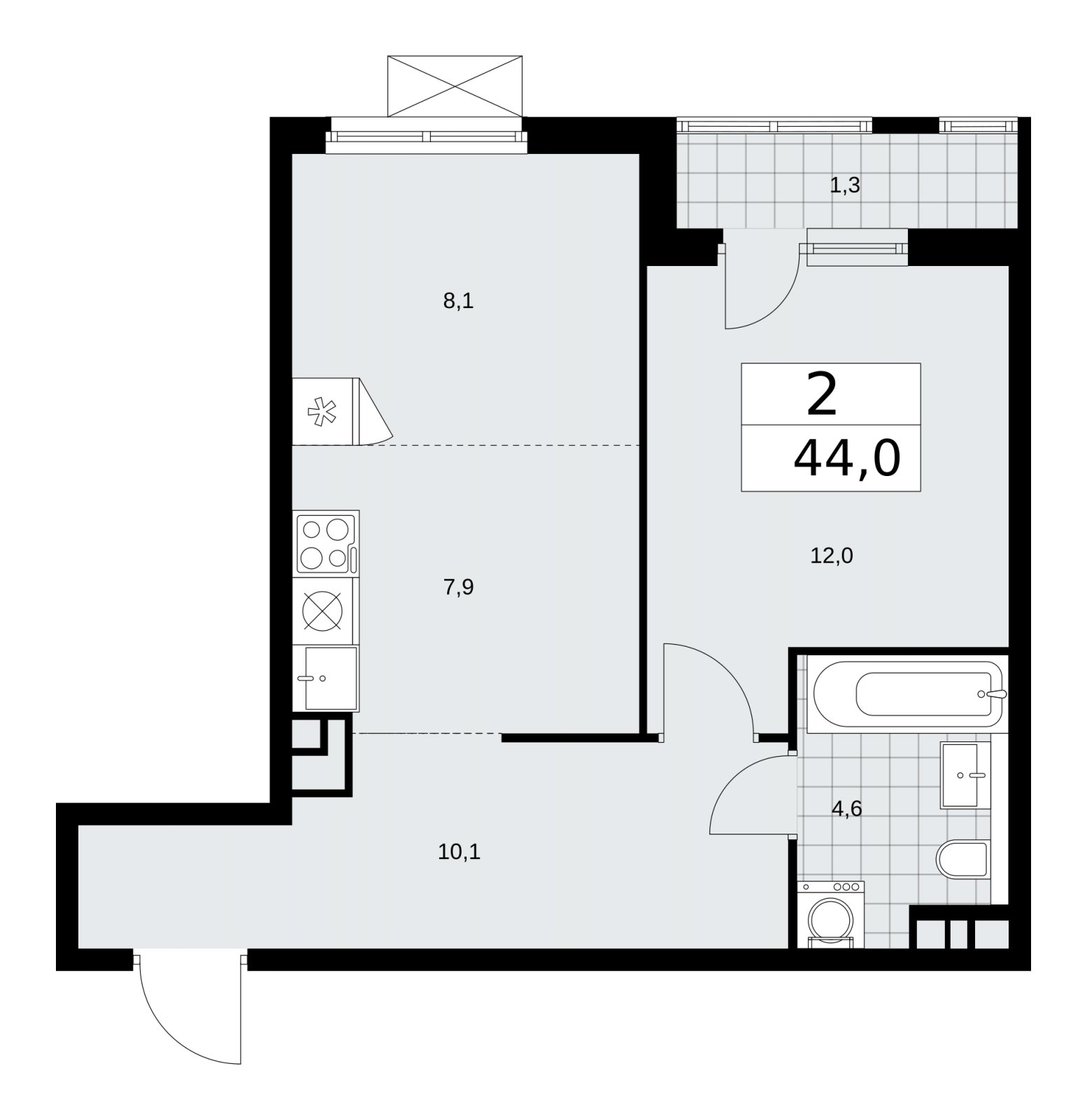 2-комнатная квартира (евро) с частичной отделкой, 44 м2, 6 этаж, сдача 2 квартал 2026 г., ЖК Прокшино, корпус 11.2.3 - объявление 2270366 - фото №1