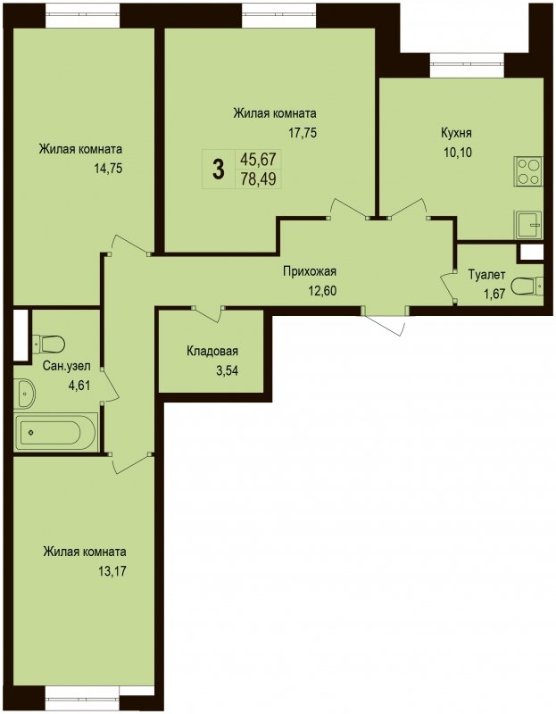 3-комнатная квартира с частичной отделкой, 78.49 м2, 1 этаж, дом сдан, ЖК Новая Щербинка, корпус 10 - объявление 1617239 - фото №1