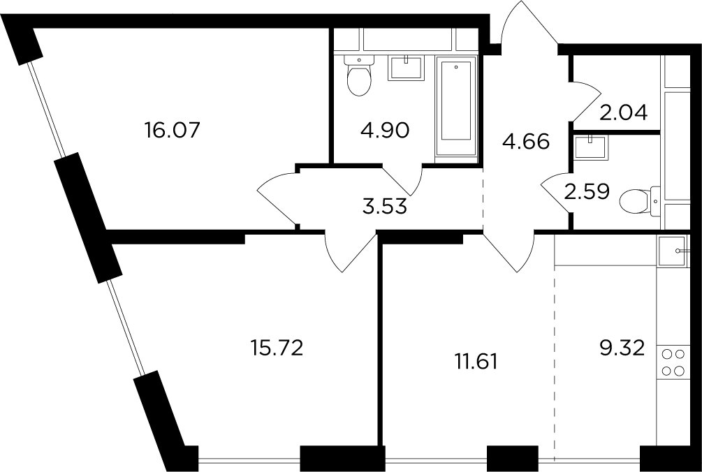 3-комнатная квартира без отделки, 70.44 м2, 30 этаж, дом сдан, ЖК КутузовGRAD 2, корпус 6 - объявление 2278847 - фото №1