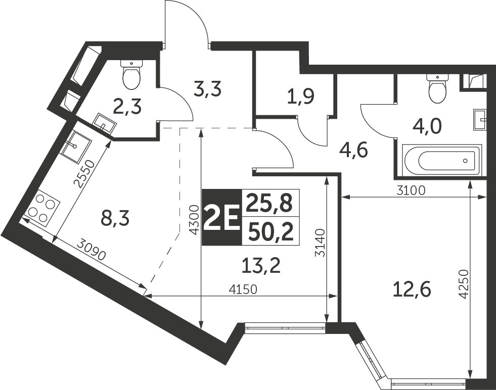 2-комнатная квартира без отделки, 50.2 м2, 44 этаж, сдача 4 квартал 2023 г., ЖК Архитектор, корпус 1 - объявление 2212367 - фото №1