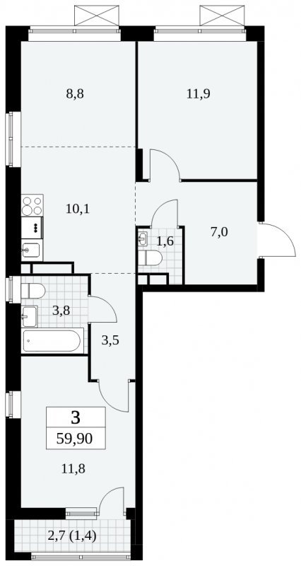 3-комнатная квартира (евро) без отделки, 59.9 м2, 7 этаж, сдача 3 квартал 2024 г., ЖК Прокшино, корпус 8.5 - объявление 1684432 - фото №1