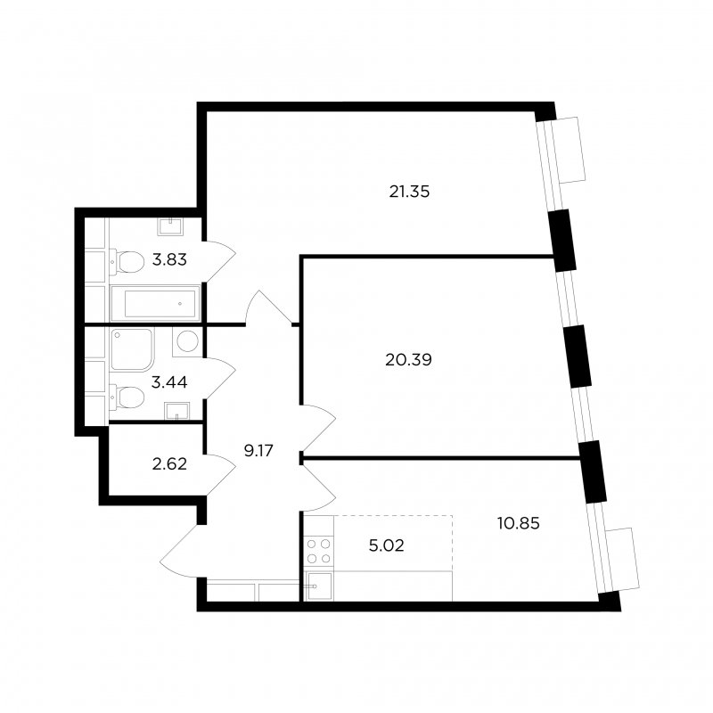 3-комнатная квартира без отделки, 76.67 м2, 24 этаж, сдача 1 квартал 2023 г., ЖК TopHILLS, корпус 1 - объявление 1750915 - фото №1