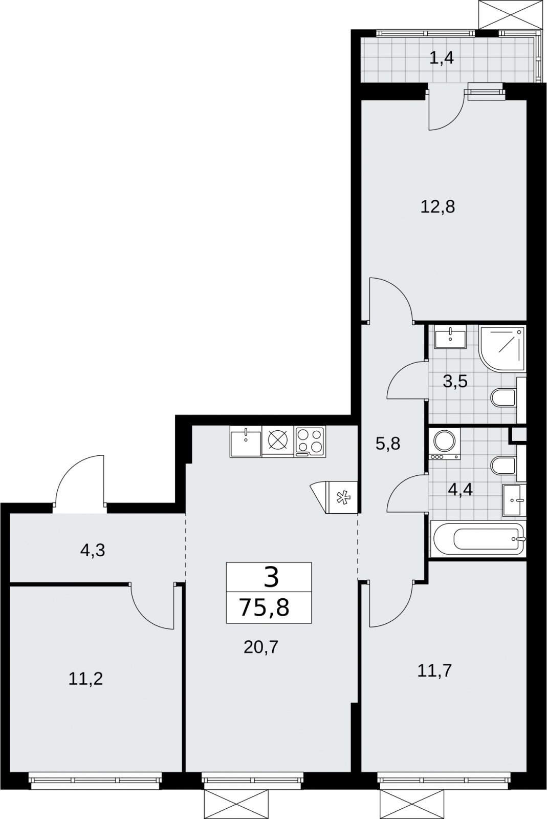 3-комнатная квартира с полной отделкой, 75.8 м2, 2 этаж, сдача 2 квартал 2026 г., ЖК Бунинские кварталы, корпус 7.1 - объявление 2319183 - фото №1