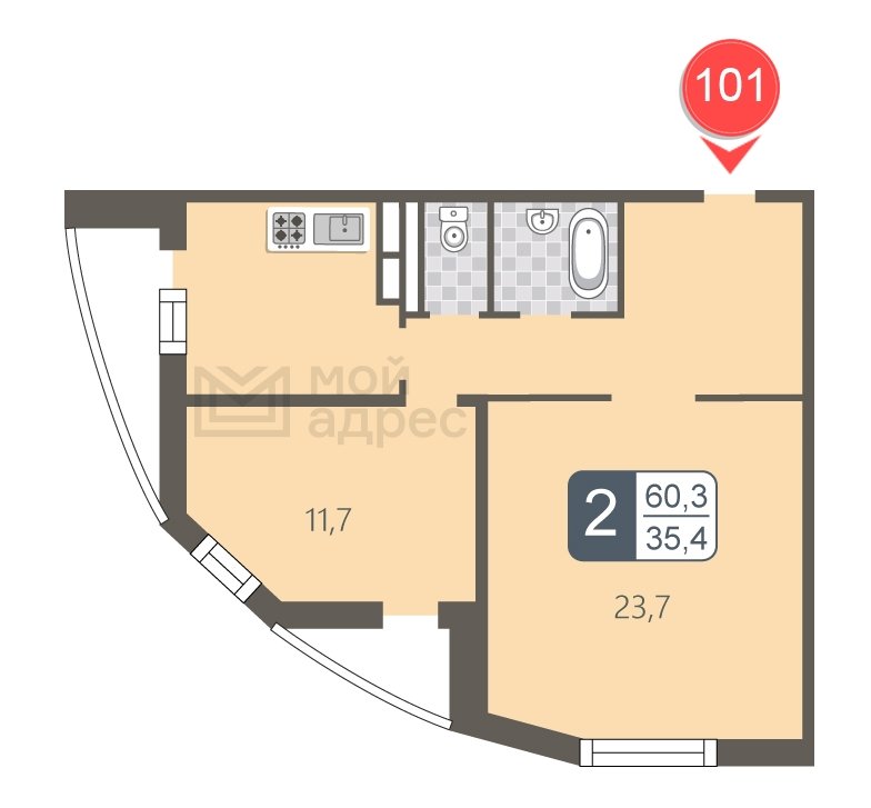 2-комнатная квартира с полной отделкой, 60.3 м2, 16 этаж, дом сдан, ЖК мой адрес В Зеленограде, корпус 848 - объявление 1850403 - фото №1