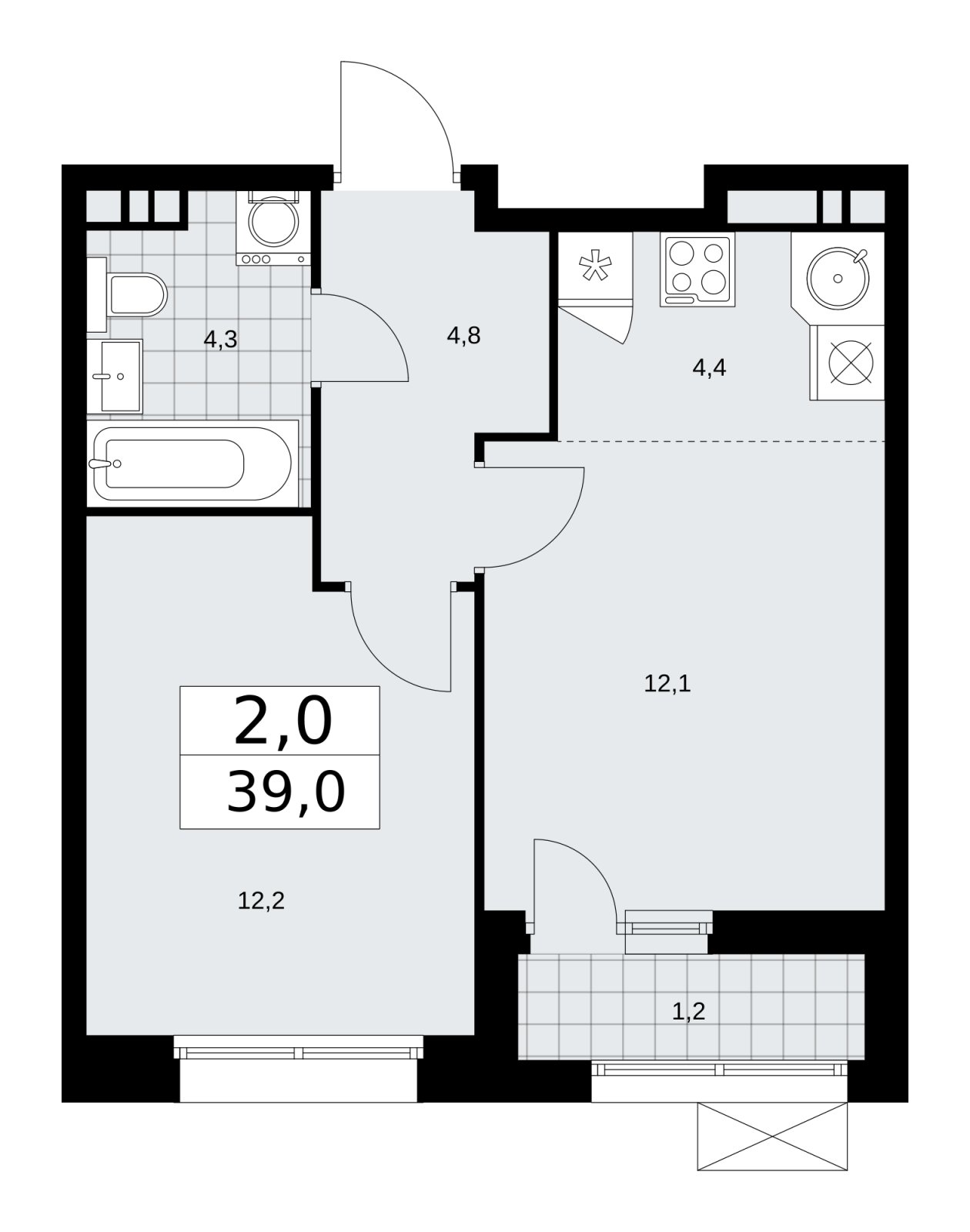 2-комнатная квартира (евро) с частичной отделкой, 39 м2, 4 этаж, сдача 1 квартал 2026 г., ЖК Бунинские кварталы, корпус 6.3 - объявление 2252619 - фото №1