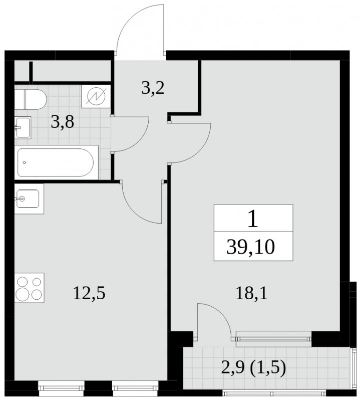 1-комнатная квартира без отделки, 39.1 м2, 24 этаж, сдача 2 квартал 2025 г., ЖК Южные сады, корпус 2.3 - объявление 1758394 - фото №1