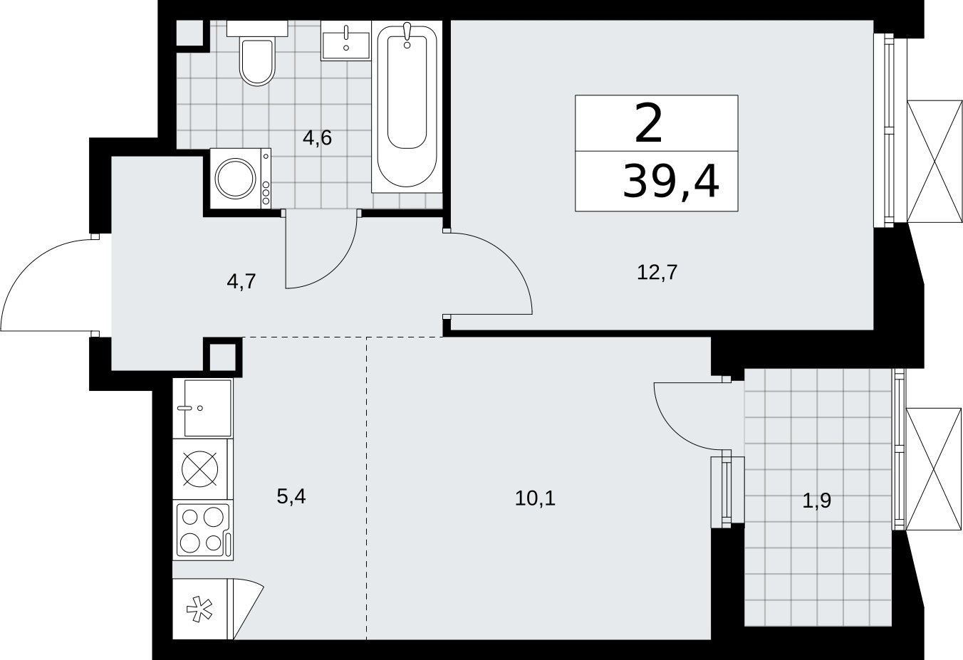 2-комнатная квартира (евро) без отделки, 39.4 м2, 2 этаж, сдача 2 квартал 2026 г., ЖК Бунинские кварталы, корпус 5.2 - объявление 2297312 - фото №1