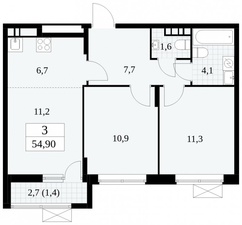 3-комнатная квартира (евро) с частичной отделкой, 54.9 м2, 11 этаж, сдача 2 квартал 2025 г., ЖК Прокшино, корпус 5.2.6 - объявление 1901093 - фото №1