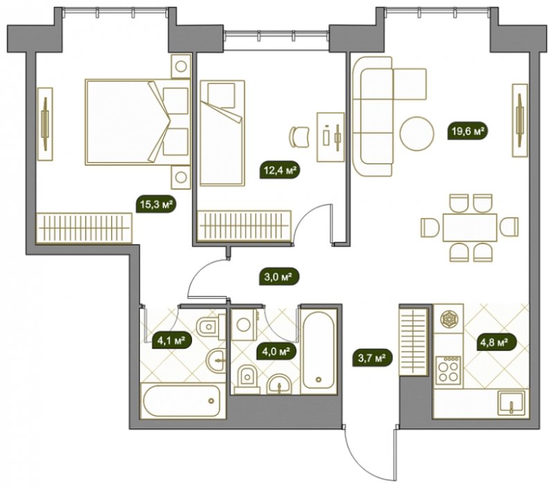 3-комнатная квартира без отделки, 69.2 м2, 13 этаж, дом сдан, ЖК West Garden, корпус Park line, корпус 3 - объявление 1616549 - фото №1