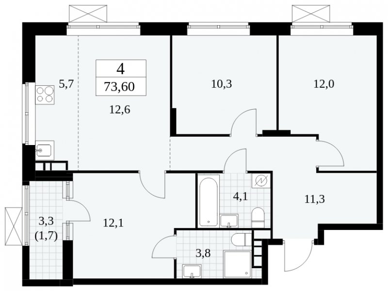 4-комнатная квартира (евро) с частичной отделкой, 73.6 м2, 17 этаж, сдача 2 квартал 2025 г., ЖК Прокшино, корпус 5.2.6 - объявление 1901159 - фото №1