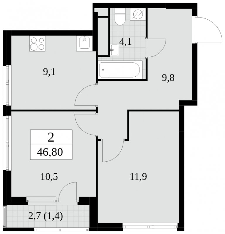 2-комнатная квартира без отделки, 46.8 м2, 25 этаж, сдача 2 квартал 2025 г., ЖК Южные сады, корпус 2.3 - объявление 1758401 - фото №1