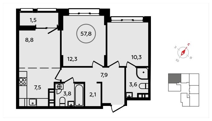 3-комнатная квартира (евро) без отделки, 57.8 м2, 6 этаж, сдача 3 квартал 2024 г., ЖК Скандинавия, корпус 2.22.2 - объявление 1625483 - фото №1