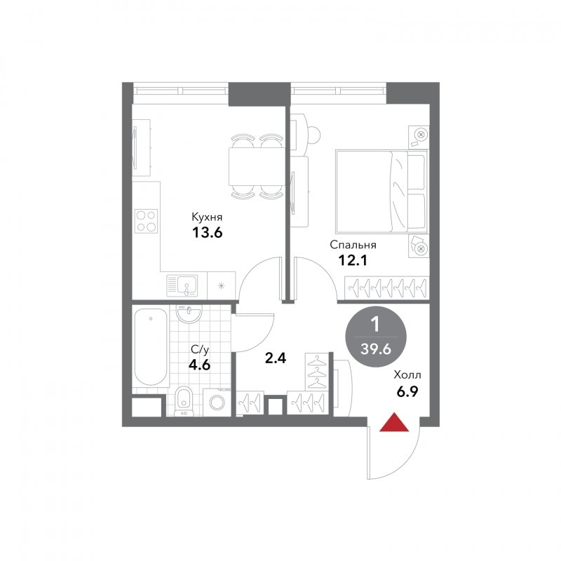 1-комнатная квартира без отделки, 39.6 м2, 6 этаж, сдача 3 квартал 2025 г., ЖК VOXHALL, корпус 2 - объявление 1954440 - фото №1