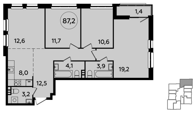 4-комнатная квартира (евро) без отделки, 87.2 м2, 19 этаж, сдача 1 квартал 2024 г., ЖК Южные сады, корпус 1.3 - объявление 2350493 - фото №1