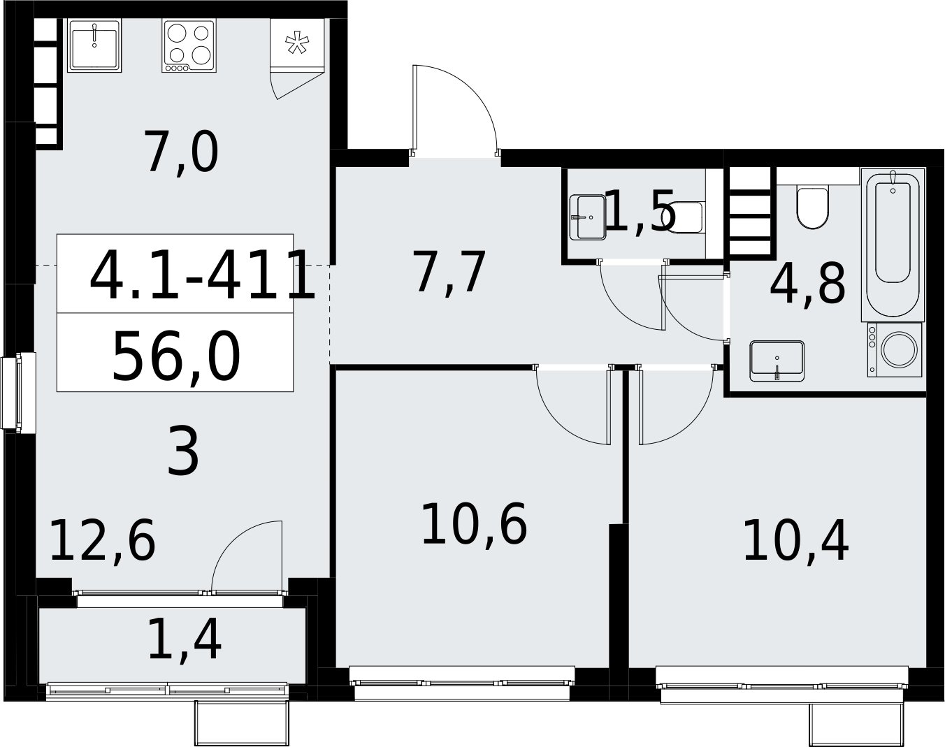 3-комнатная квартира (евро) с полной отделкой, 56 м2, 30 этаж, сдача 2 квартал 2027 г., ЖК Южные сады, корпус 4.1.2 - объявление 2392917 - фото №1