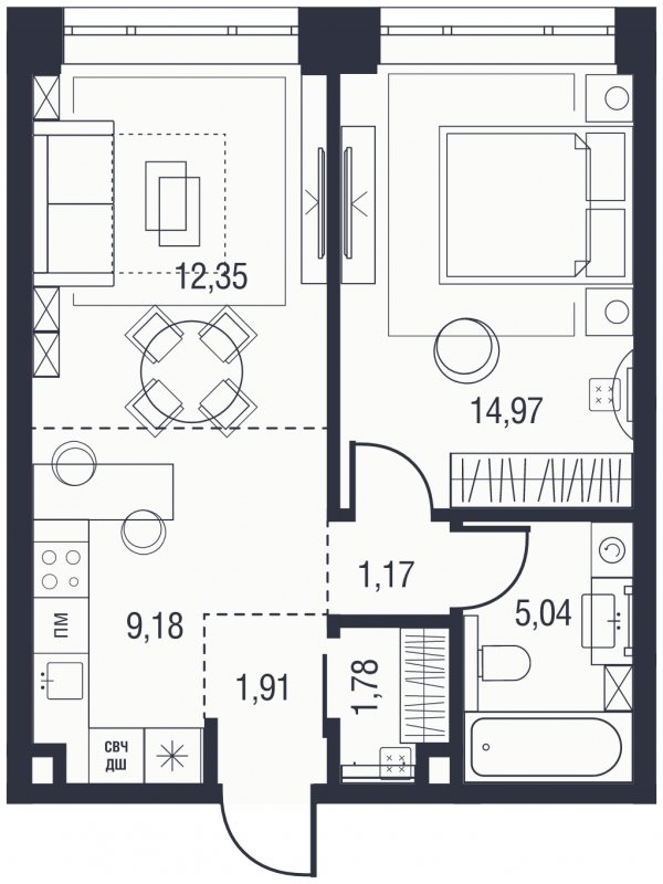 2-комнатная квартира (евро) без отделки, 46.4 м2, 4 этаж, сдача 3 квартал 2023 г., ЖК AFI Park Воронцовский, корпус 4 - объявление 1747543 - фото №1