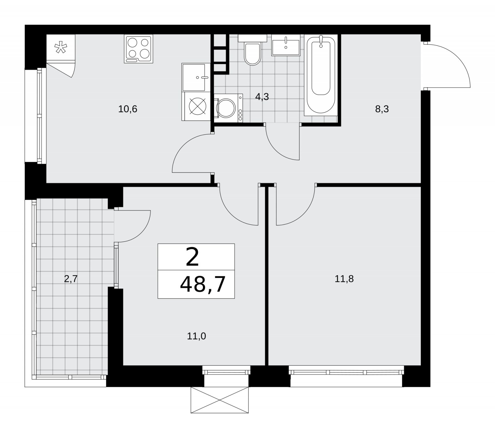 2-комнатная квартира без отделки, 48.7 м2, 5 этаж, сдача 1 квартал 2026 г., ЖК Деснаречье, корпус 4.3 - объявление 2263869 - фото №1
