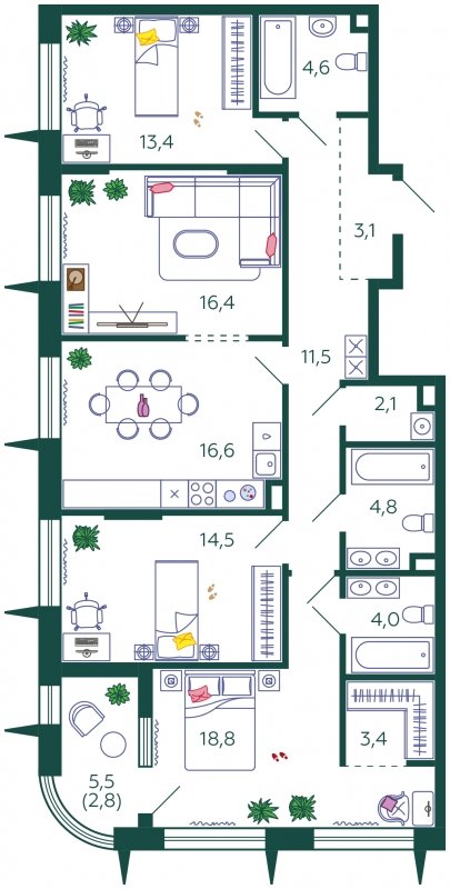4-комнатная квартира без отделки, 116 м2, 2 этаж, сдача 4 квартал 2023 г., ЖК SHAGAL, корпус 1.1 - объявление 1769082 - фото №1