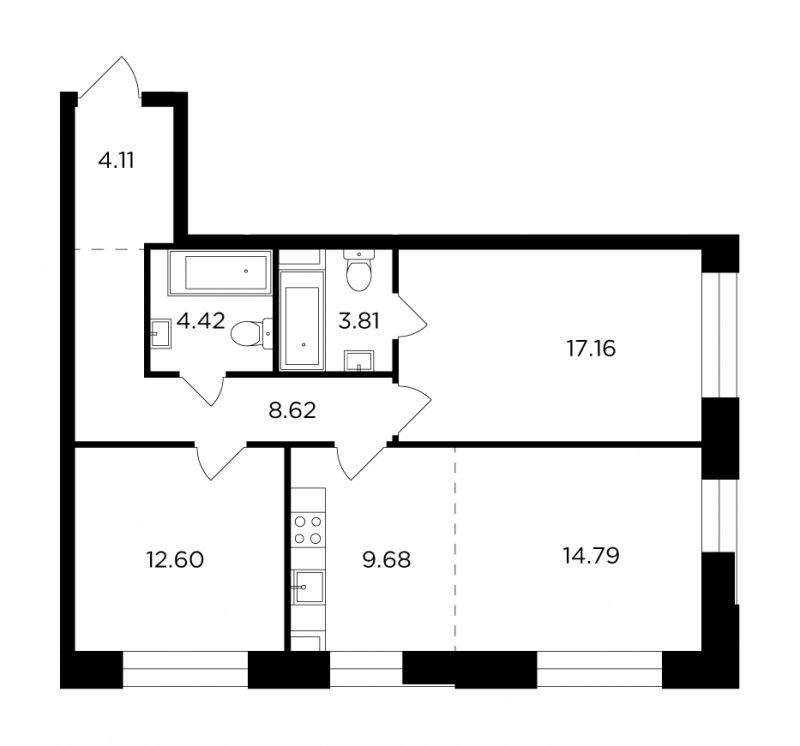 3-комнатная квартира без отделки, 75.19 м2, 11 этаж, сдача 4 квартал 2023 г., ЖК FORIVER, корпус 7 - объявление 1598320 - фото №1