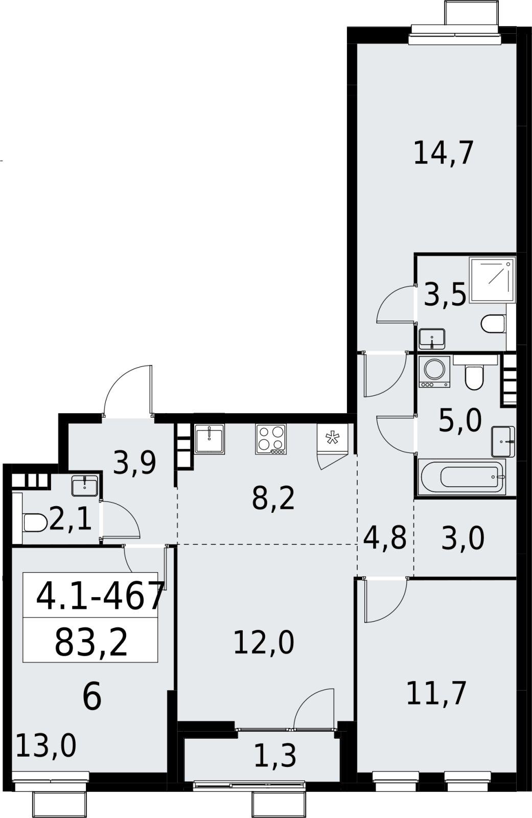 4-комнатная квартира (евро) с полной отделкой, 83.2 м2, 10 этаж, сдача 2 квартал 2027 г., ЖК Южные сады, корпус 4.1.2 - объявление 2392972 - фото №1
