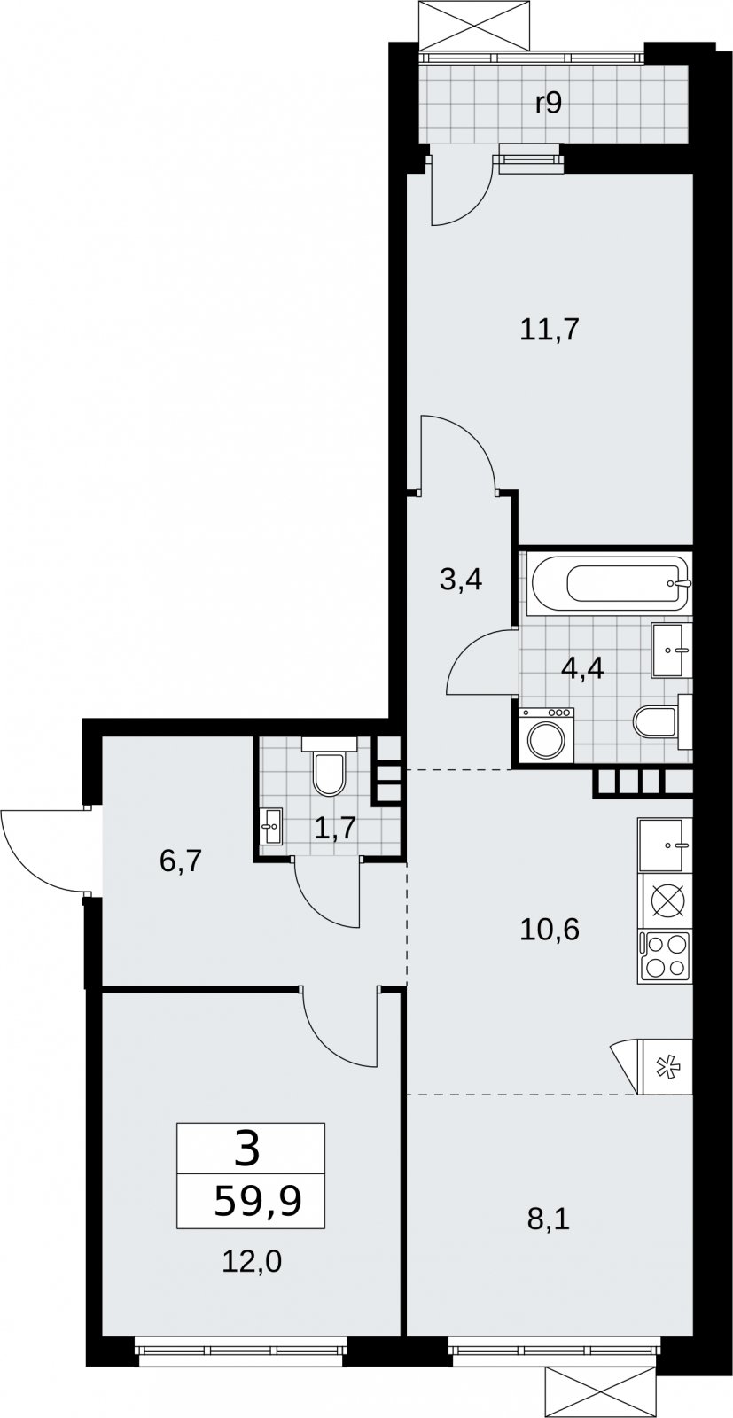 3-комнатная квартира (евро) с частичной отделкой, 59.9 м2, 4 этаж, сдача 2 квартал 2026 г., ЖК Бунинские кварталы, корпус 5.1 - объявление 2296837 - фото №1