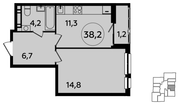 1-комнатная квартира без отделки, 38.2 м2, 20 этаж, сдача 1 квартал 2024 г., ЖК Южные сады, корпус 1.2 - объявление 1512231 - фото №1