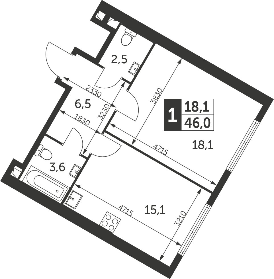 1-комнатная квартира с частичной отделкой, 46 м2, 20 этаж, дом сдан, ЖК Архитектор, корпус 1 - объявление 2384415 - фото №1