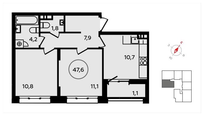 2-комнатная квартира без отделки, 47.6 м2, 3 этаж, сдача 3 квартал 2024 г., ЖК Скандинавия, корпус 22.2 - объявление 1625464 - фото №1