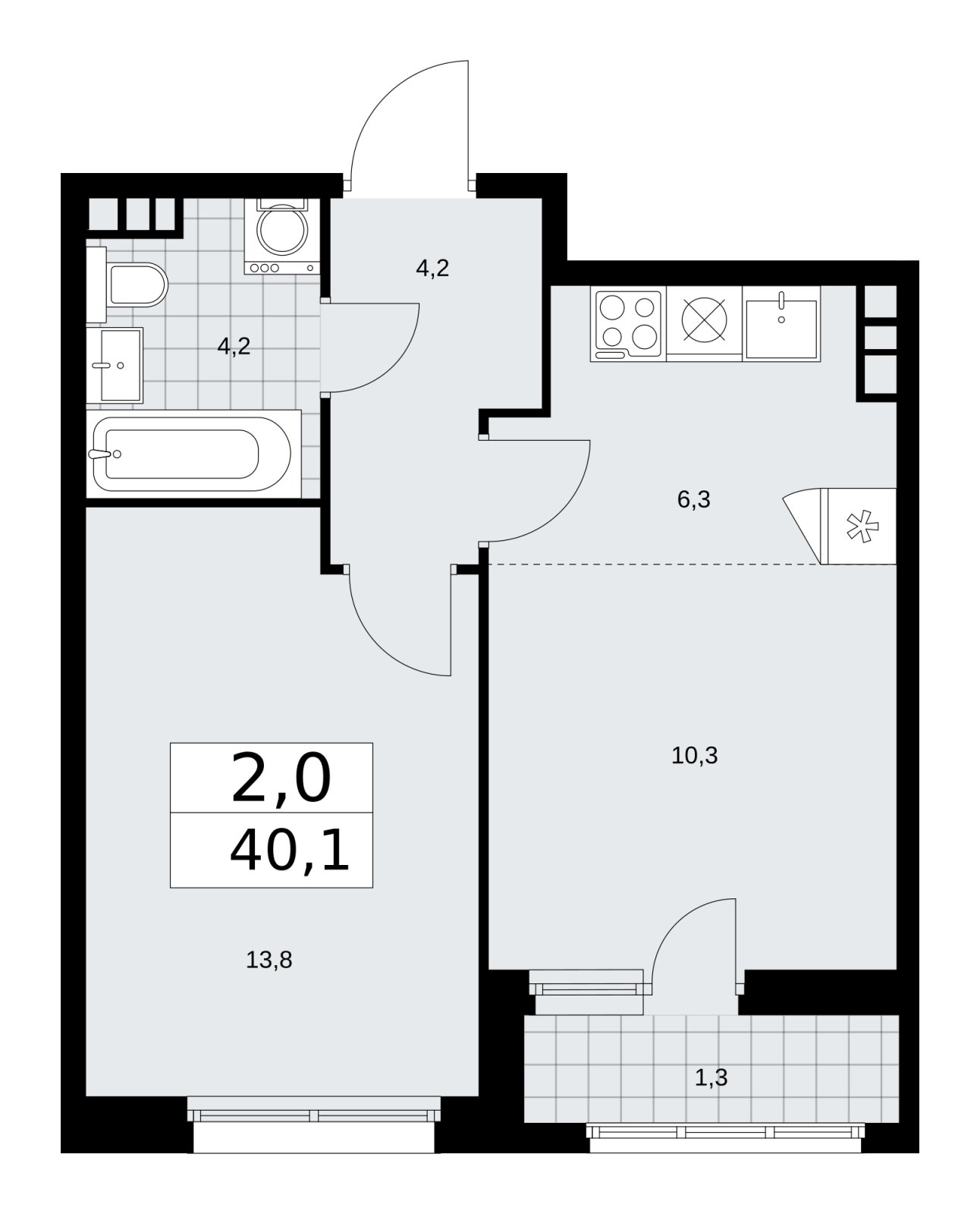 2-комнатная квартира (евро) без отделки, 40.1 м2, 5 этаж, сдача 1 квартал 2026 г., ЖК Дзен-кварталы, корпус 3.2 - объявление 2241180 - фото №1