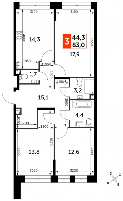 3-комнатная квартира с частичной отделкой, 83 м2, 18 этаж, сдача 3 квартал 2024 г., ЖК Sydney City, корпус 2.1 - объявление 1710099 - фото №1