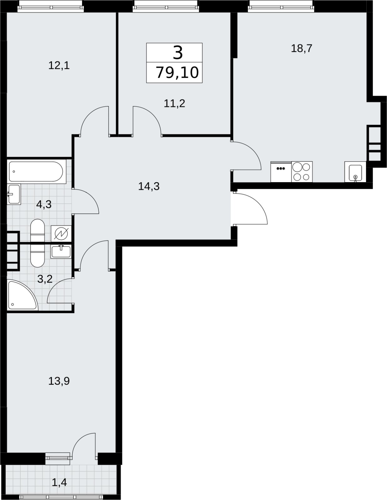 3-комнатная квартира с полной отделкой, 79.1 м2, 6 этаж, сдача 4 квартал 2026 г., ЖК Родные кварталы, корпус 3.3 - объявление 2378519 - фото №1