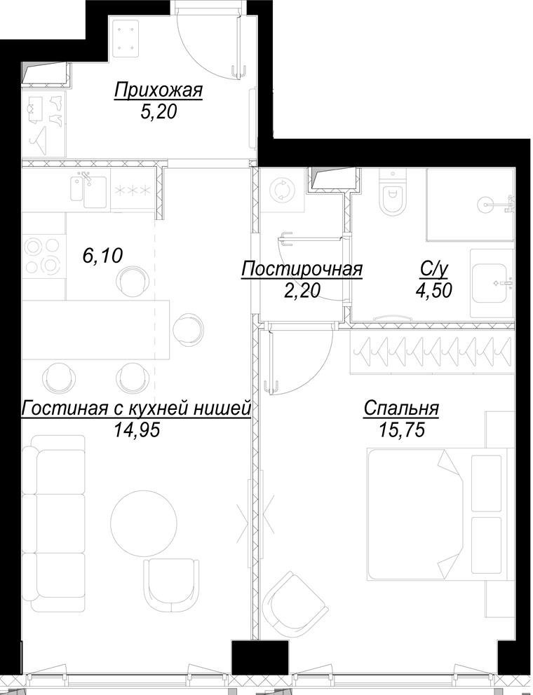 1-комнатная квартира с частичной отделкой, 48.75 м2, 2 этаж, дом сдан, ЖК Hide, корпус WestDale - объявление 2335877 - фото №1