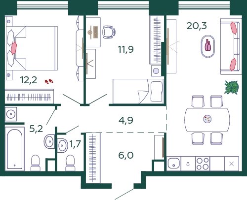 2-комнатная квартира без отделки, 62.2 м2, 2 этаж, сдача 1 квартал 2024 г., ЖК SHAGAL, корпус 1.6 - объявление 2108542 - фото №1