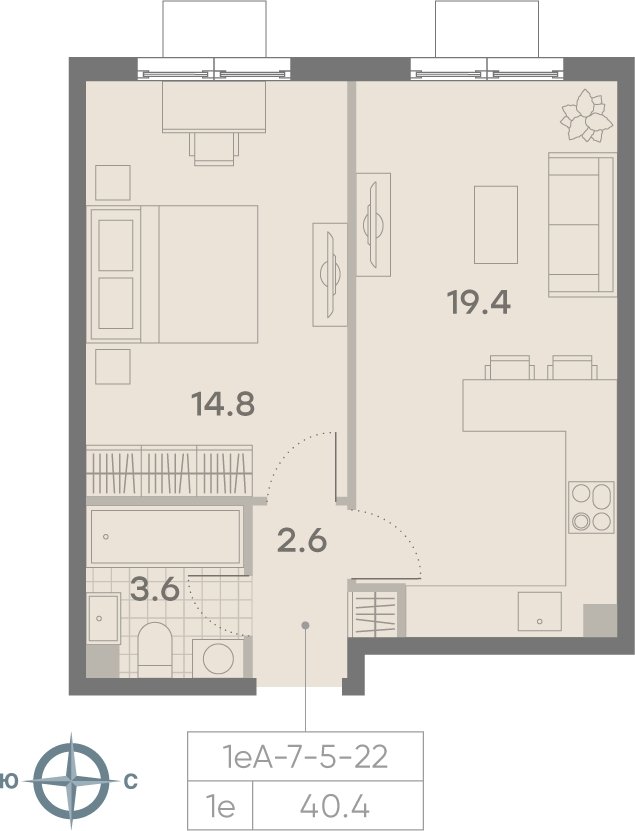 1-комнатная квартира 40.4 м2, 13 этаж, сдача 3 квартал 2025 г., ЖК Парксайд, корпус 1 - объявление 2184946 - фото №1