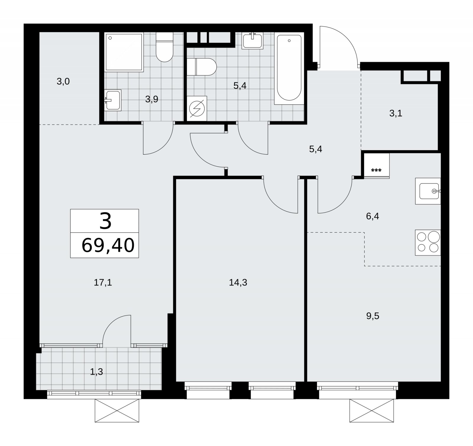 3-комнатная квартира (евро) с частичной отделкой, 69.4 м2, 11 этаж, сдача 1 квартал 2026 г., ЖК Дом на Зорге, корпус 25 - объявление 2221213 - фото №1