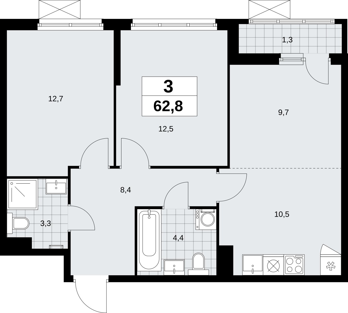 3-комнатная квартира (евро) без отделки, 62.8 м2, 10 этаж, сдача 1 квартал 2026 г., ЖК Дзен-кварталы, корпус 6.2.1 - объявление 2328559 - фото №1