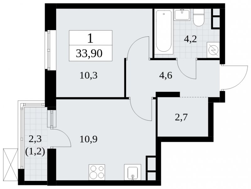 1-комнатная квартира без отделки, 33.9 м2, 11 этаж, сдача 1 квартал 2025 г., ЖК Прокшино, корпус 5.1.4 - объявление 1811060 - фото №1