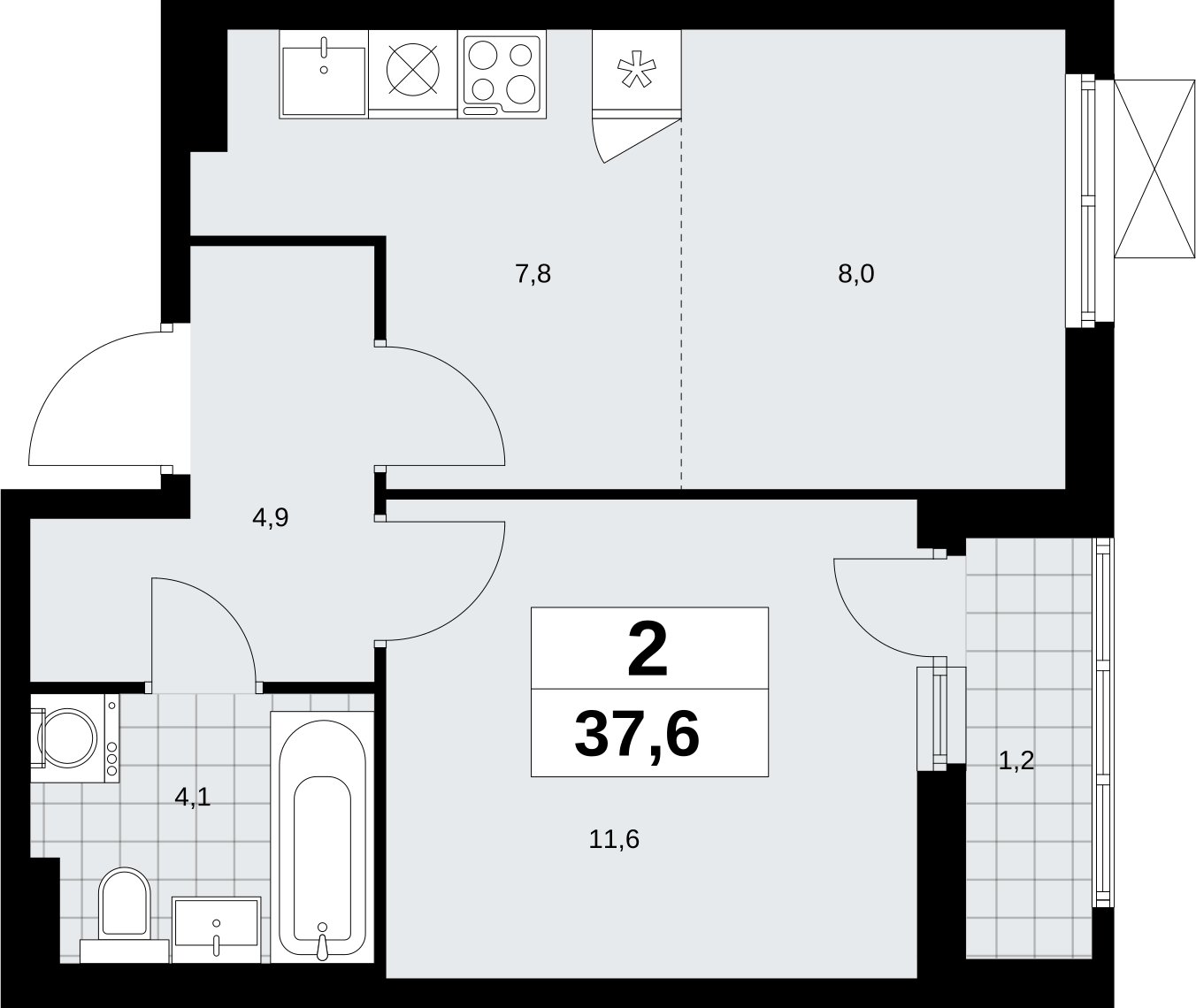 2-комнатная квартира (евро) без отделки, 37.6 м2, 4 этаж, сдача 2 квартал 2026 г., ЖК Дзен-кварталы, корпус 6.1.1 - объявление 2327040 - фото №1