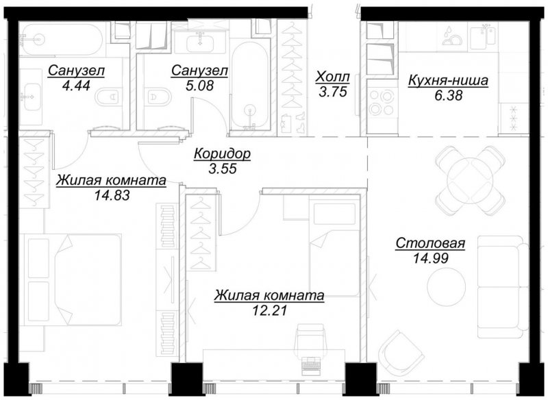 2-комнатная квартира с частичной отделкой, 65.11 м2, 22 этаж, сдача 4 квартал 2024 г., ЖК MOD, корпус Mod.M - объявление 1788396 - фото №1