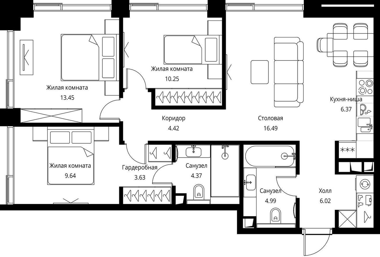 3-комнатная квартира с частичной отделкой, 79.63 м2, 8 этаж, сдача 3 квартал 2026 г., ЖК City Bay, корпус North Ocean 3 - объявление 2240638 - фото №1
