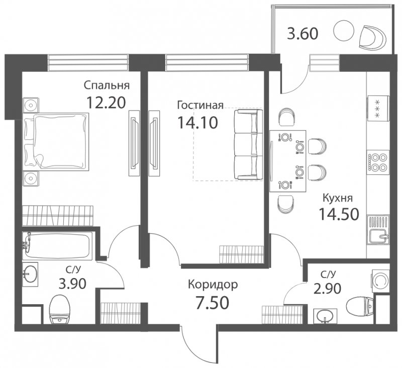 2-комнатная квартира с частичной отделкой, 56.2 м2, 1 этаж, сдача 2 квартал 2022 г., ЖК Аквилон PARK, корпус 1 - объявление 1275765 - фото №1