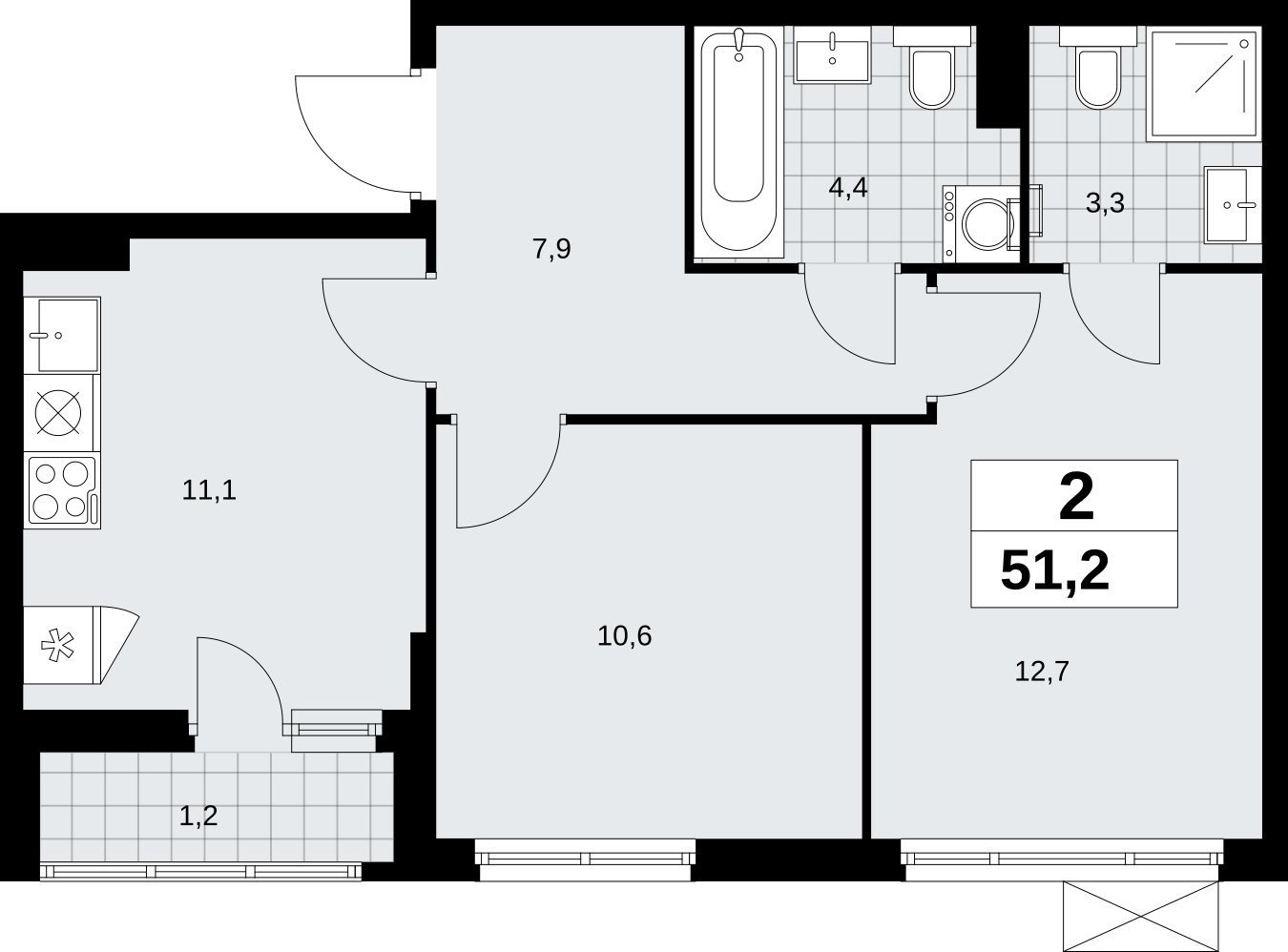 2-комнатная квартира без отделки, 51.2 м2, 3 этаж, сдача 2 квартал 2026 г., ЖК Дзен-кварталы, корпус 6.1.1 - объявление 2327086 - фото №1