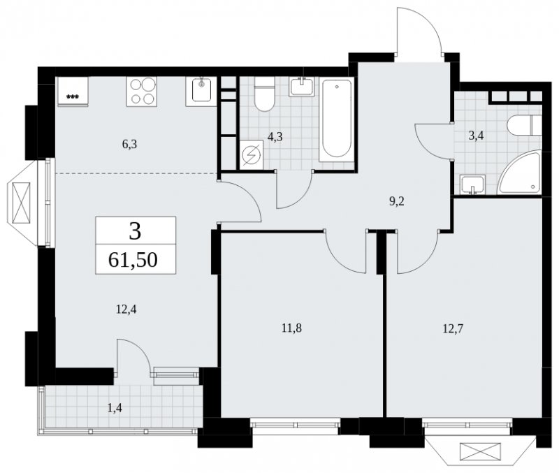 3-комнатная квартира (евро) с частичной отделкой, 61.5 м2, 9 этаж, сдача 4 квартал 2024 г., ЖК Бунинские кварталы, корпус 1.2 - объявление 1834511 - фото №1