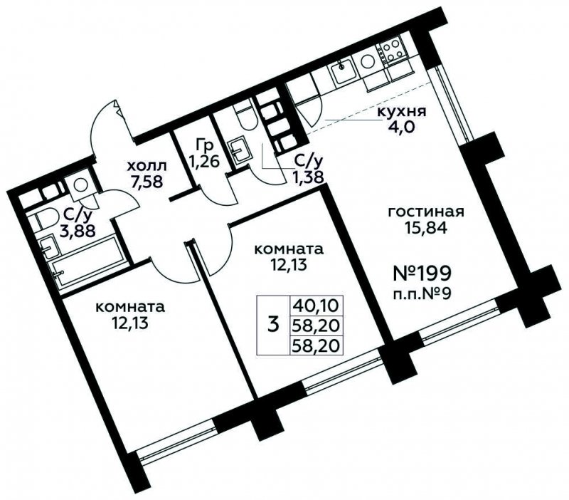 3-комнатная квартира (евро) с полной отделкой, 58.2 м2, 21 этаж, сдача 3 квартал 2024 г., ЖК МелисСад, корпус 1 - объявление 1821698 - фото №1