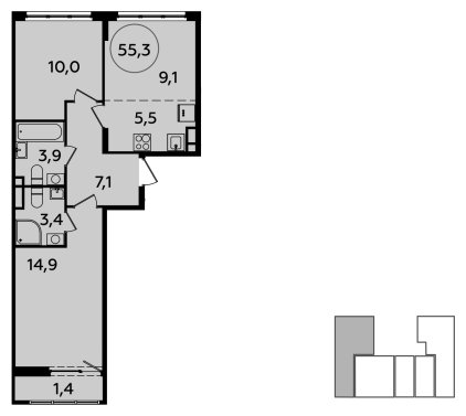 3-комнатная квартира (евро) с полной отделкой, 55.3 м2, 5 этаж, сдача 2 квартал 2024 г., ЖК Испанские кварталы, корпус 8.2 - объявление 1633588 - фото №1