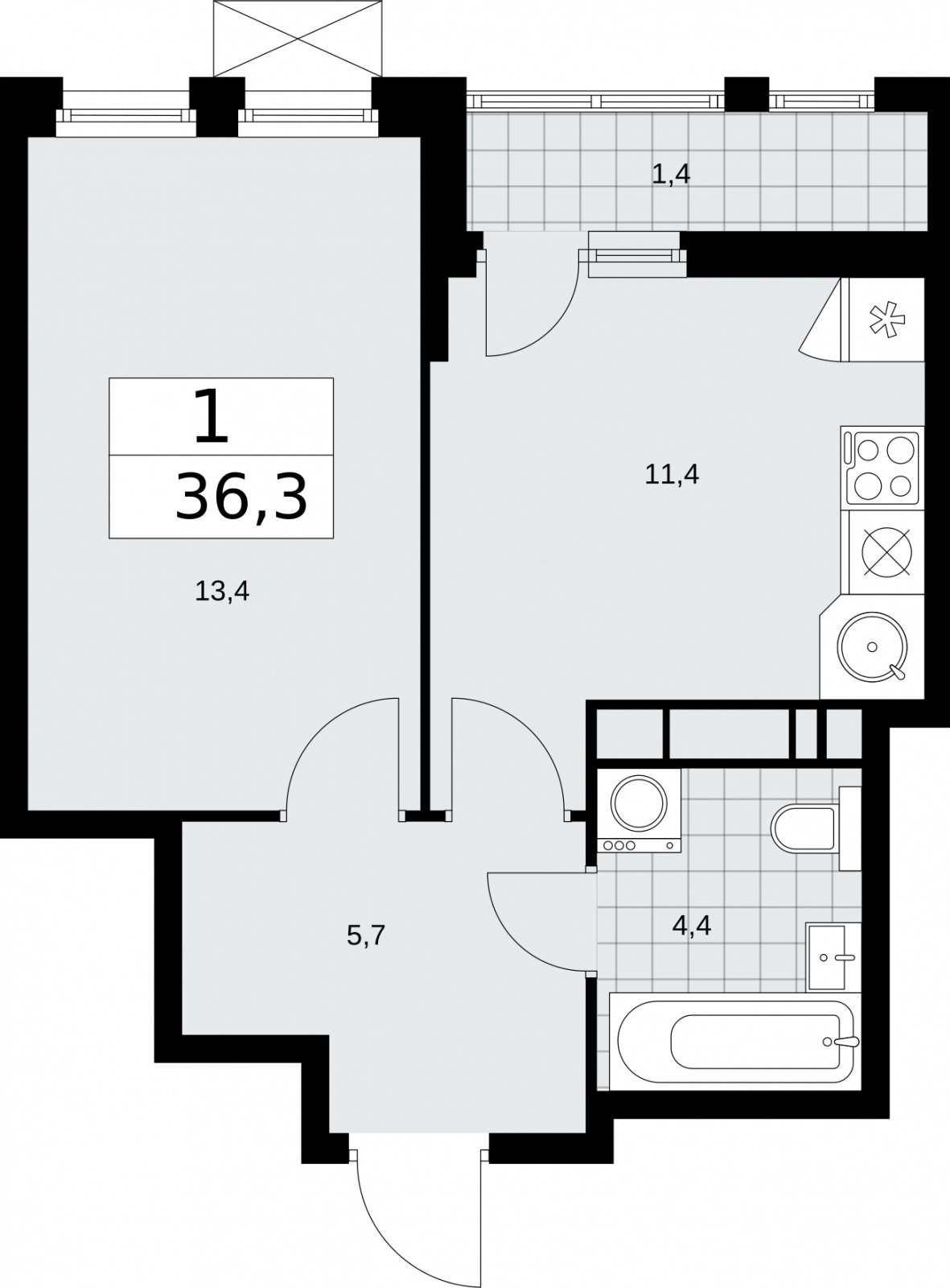 1-комнатная квартира с частичной отделкой, 36.3 м2, 13 этаж, сдача 2 квартал 2026 г., ЖК Бунинские кварталы, корпус 5.1 - объявление 2296960 - фото №1