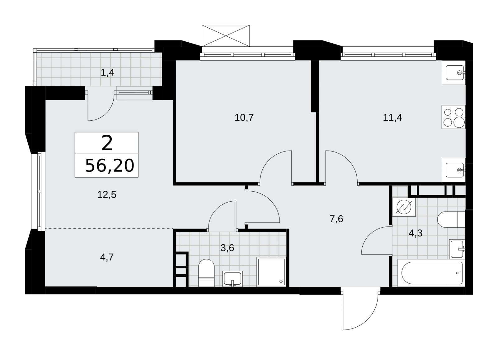 2-комнатная квартира с частичной отделкой, 56.2 м2, 6 этаж, сдача 4 квартал 2025 г., ЖК Скандинавия, корпус 28.4 - объявление 2202873 - фото №1