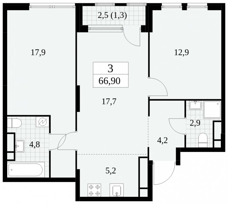 3-комнатная квартира (евро) без отделки, 66.9 м2, 19 этаж, сдача 2 квартал 2025 г., ЖК Южные сады, корпус 2.4 - объявление 1760368 - фото №1