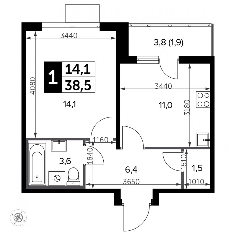 1-комнатная квартира с частичной отделкой, 38.5 м2, 11 этаж, сдача 3 квартал 2023 г., ЖК Южная Битца, корпус 12 - объявление 1818333 - фото №1