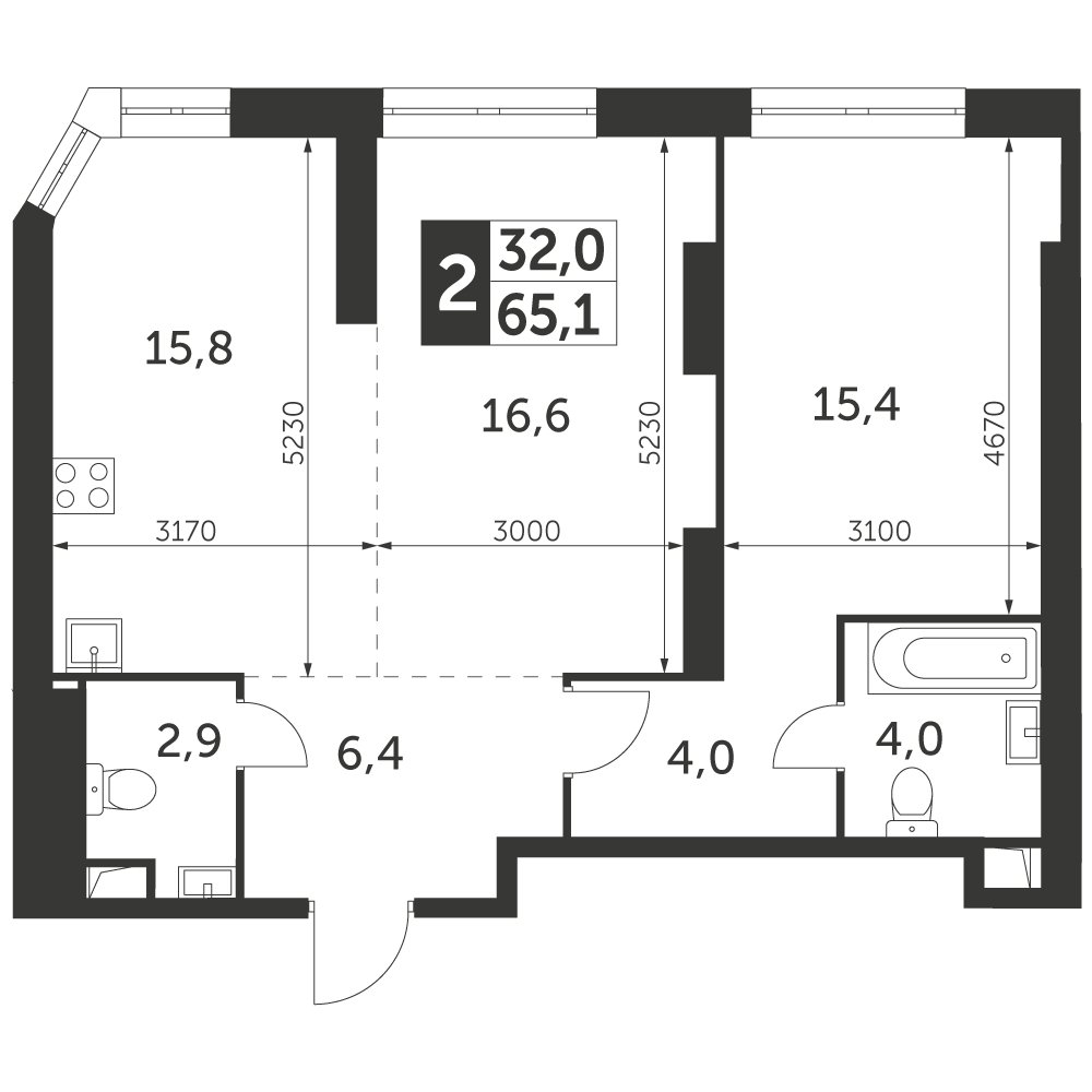 2-комнатная квартира без отделки, 65.1 м2, 36 этаж, дом сдан, ЖК Архитектор, корпус 3 - объявление 2378083 - фото №1